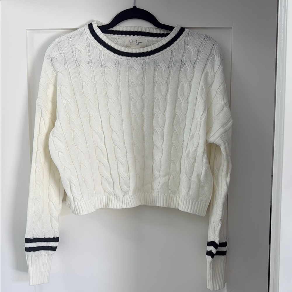 Jessica Simpson Black and White Crew Neck Sweater with Textured Knit